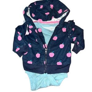 Baby girl, zip up jacket, and top